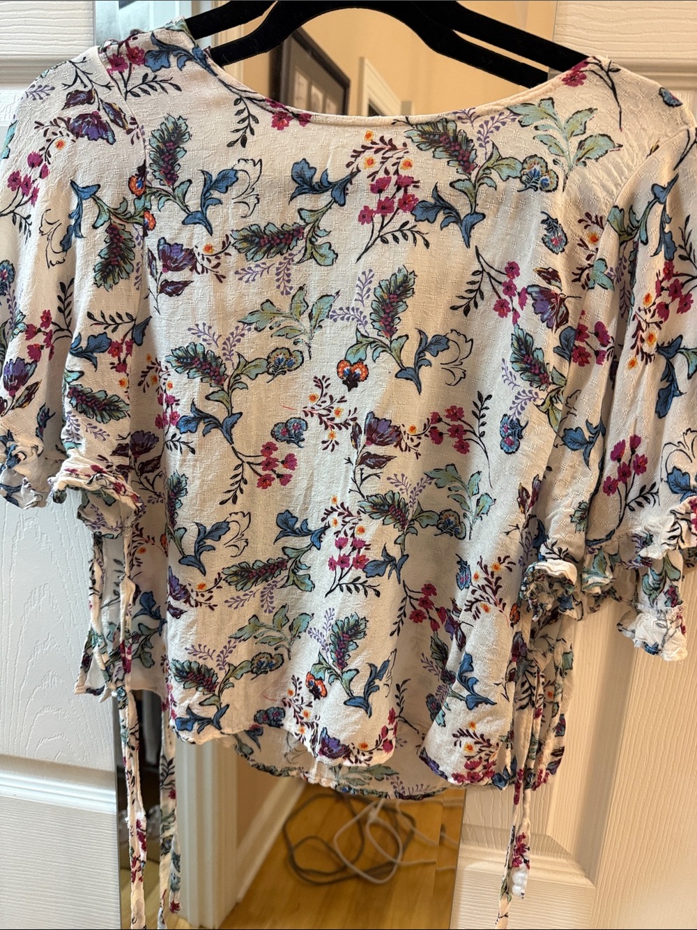 Floral Tie-Detail Blouse in Cream with Blue and Pink Accents